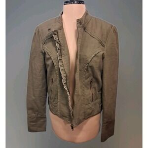 Anthropologie Tulle Sage Green Ruffle Utility Moto Jacket  100% Cotton  Sz L